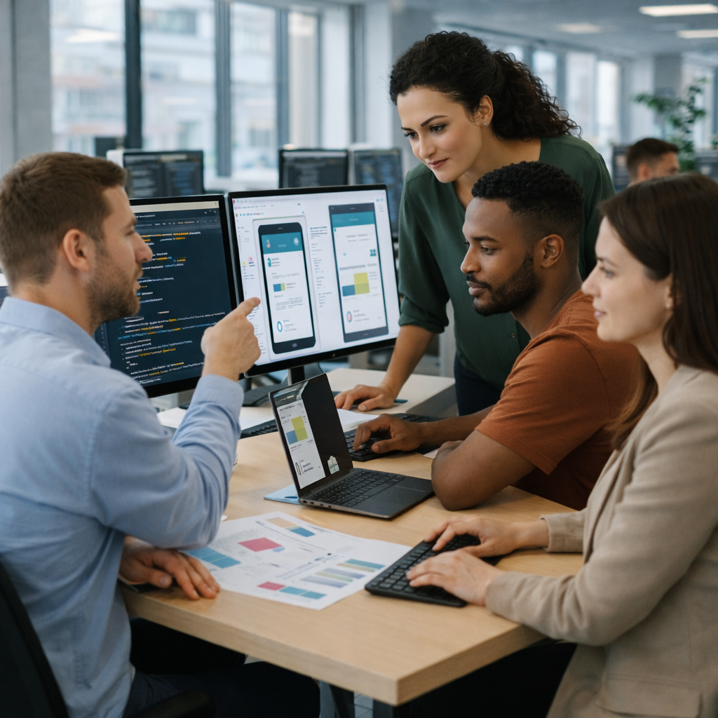 Équipe de développeurs travaillant ensemble autour d’une table lors d’une réunion de développement d’applications, dans un bureau moderne et lumineux.