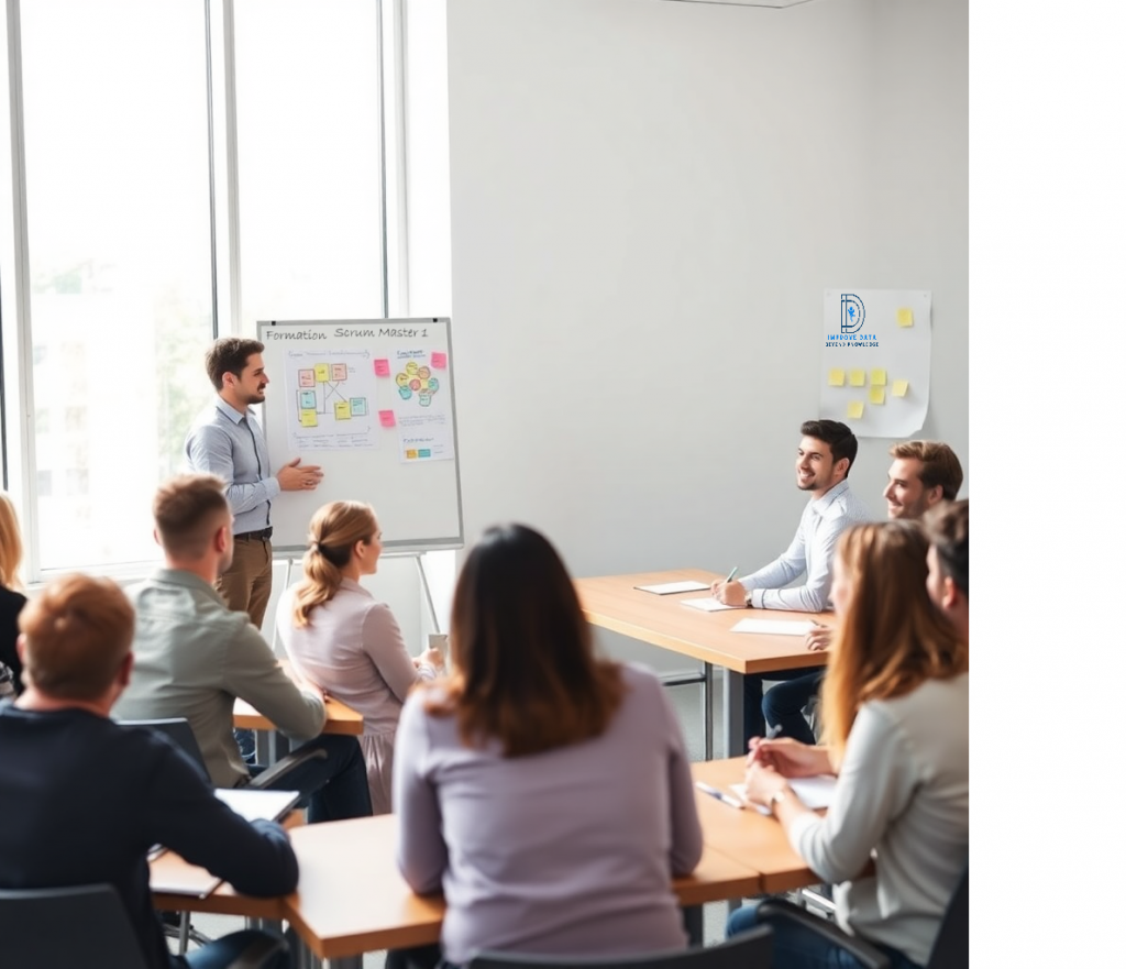 Formation Scrum Master certifiante : un formateur de Improve DATA explique le cadre Scrum à des participants en préparation à la certification PSM I