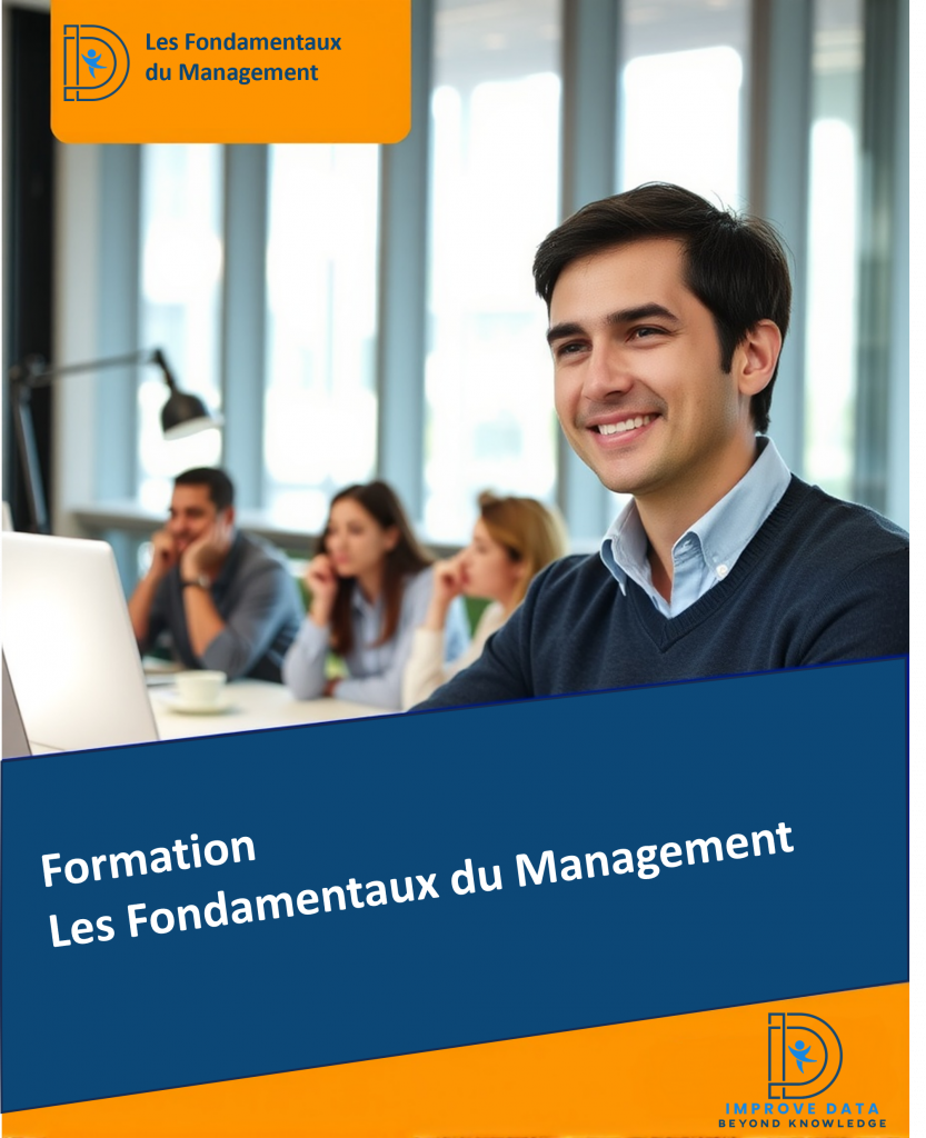 Visuel de la formation Les Fondamentaux du Management d’Improve DATA, avec un jeune manager souriant en formation devant son ordinateur et des participants attentifs en arrière-plan.