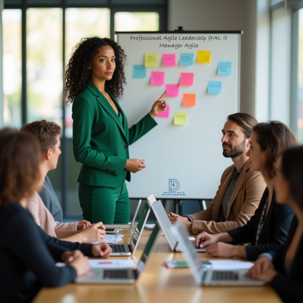 Formatrice Improve DATA animant une formation Manager Agile (PAL I), expliquant les principes Scrum devant un tableau de post-its colorés, entourée de participants attentifs.