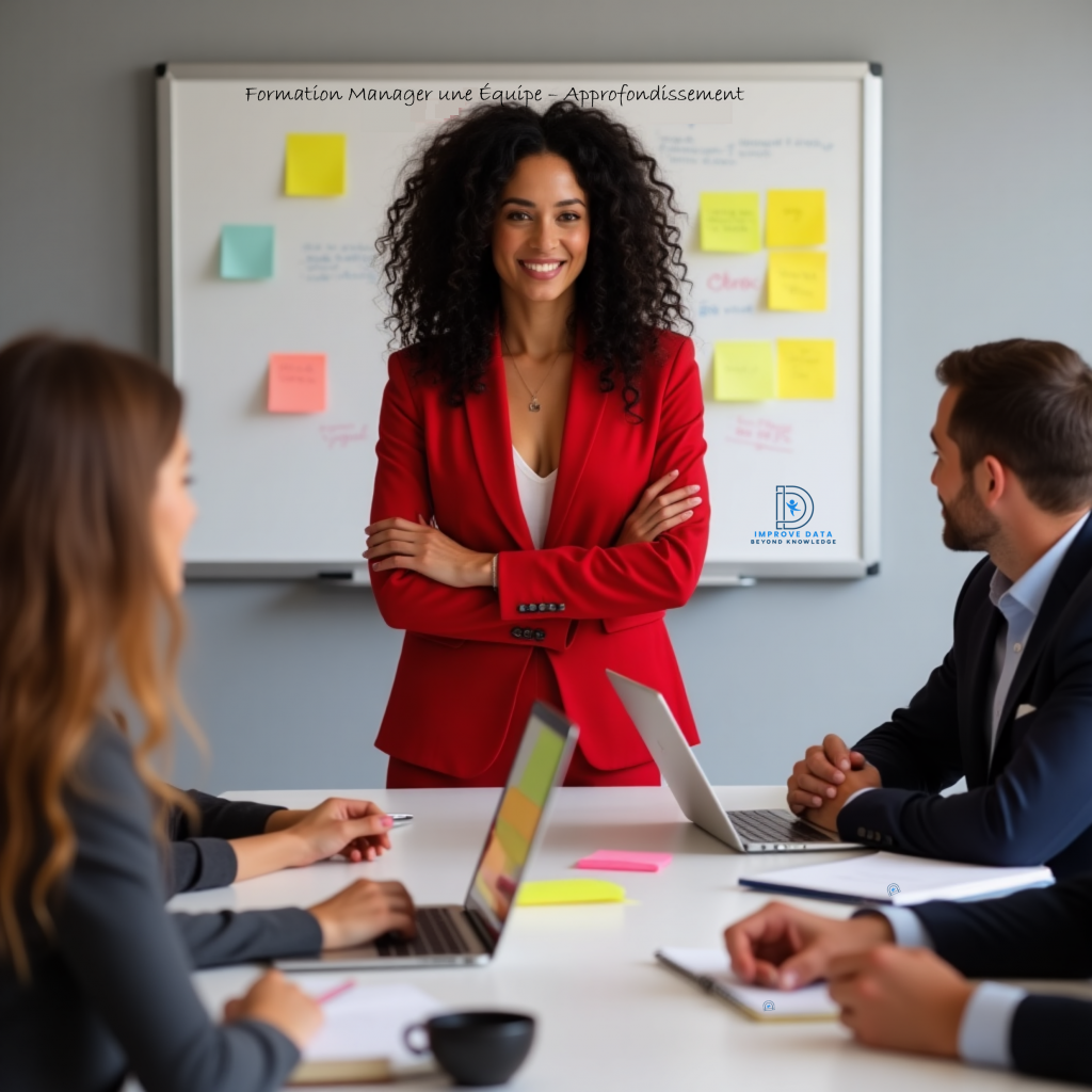 Formatrice Improve DATA animant une formation avancée de management devant une équipe de professionnels, tableau blanc avec post-its colorés en arrière-plan.