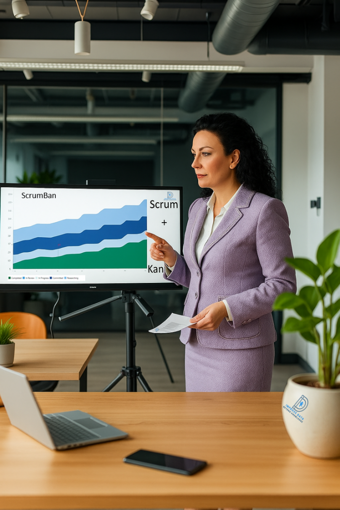 Formatrice Improve DATA présentant un Cumulative Flow Diagram (CFD) dans une formation Scrum avec Kanban certifiante (ScrumBan)