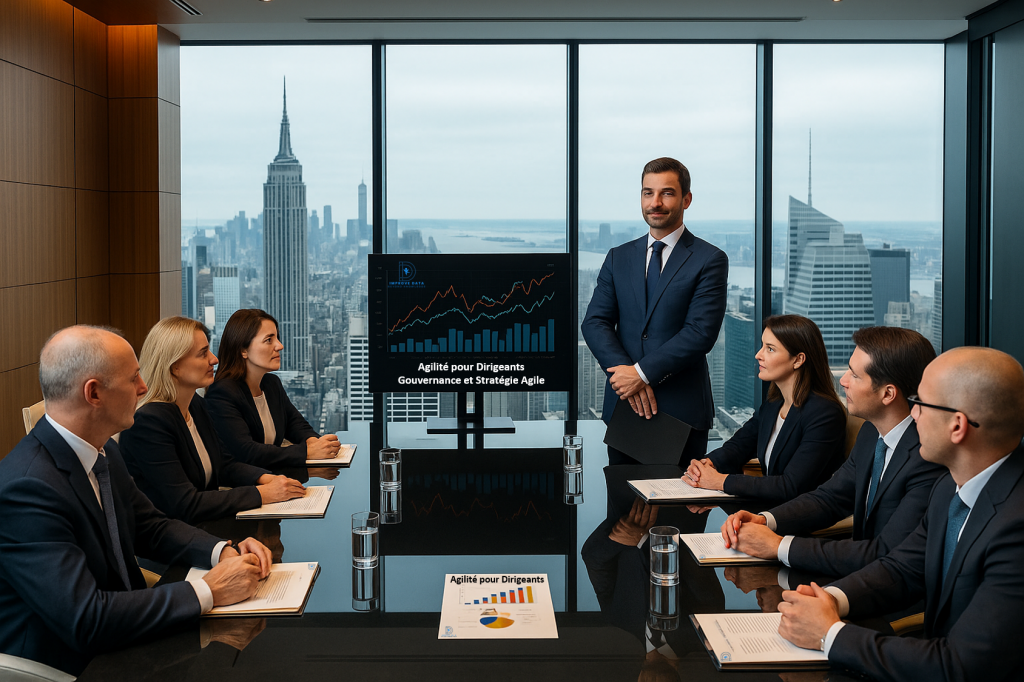 Dirigeants expérimentés en réunion de gouvernance agile, un facilitateur élégant d’Improve DATA tenant un dossier anime la discussion dans une salle de conseil moderne avec vue panoramique sur la ville.