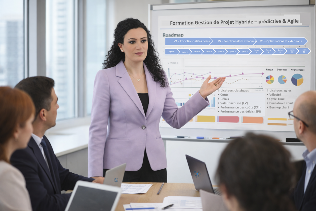 Antoinette FRANCIS animant une formation gestion de projet hybride avec des stagiaires, combinant méthodes prédictives et agiles