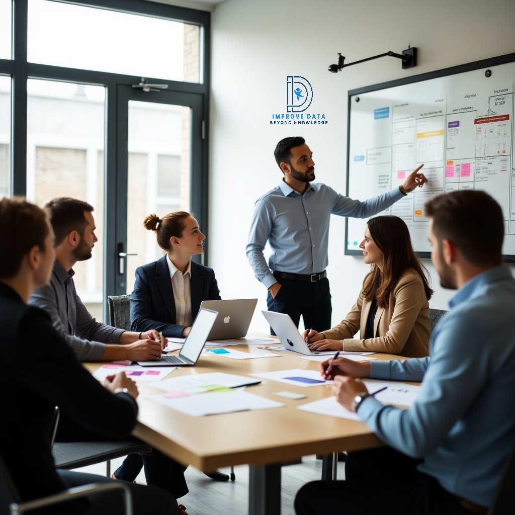Formation gestion de projet : un formateur explique un planning et des outils de pilotage à un groupe de professionnels autour d’une table