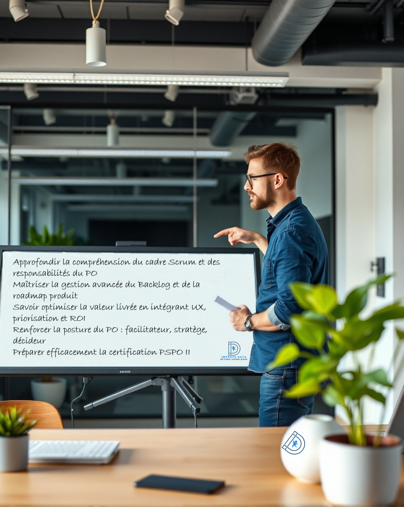 Formateur en salle présentant une formation Product Owner Niveau 2 avec un écran affichant les objectifs : gestion avancée du Backlog, vision produit, priorisation et préparation à la certification PSPO II.