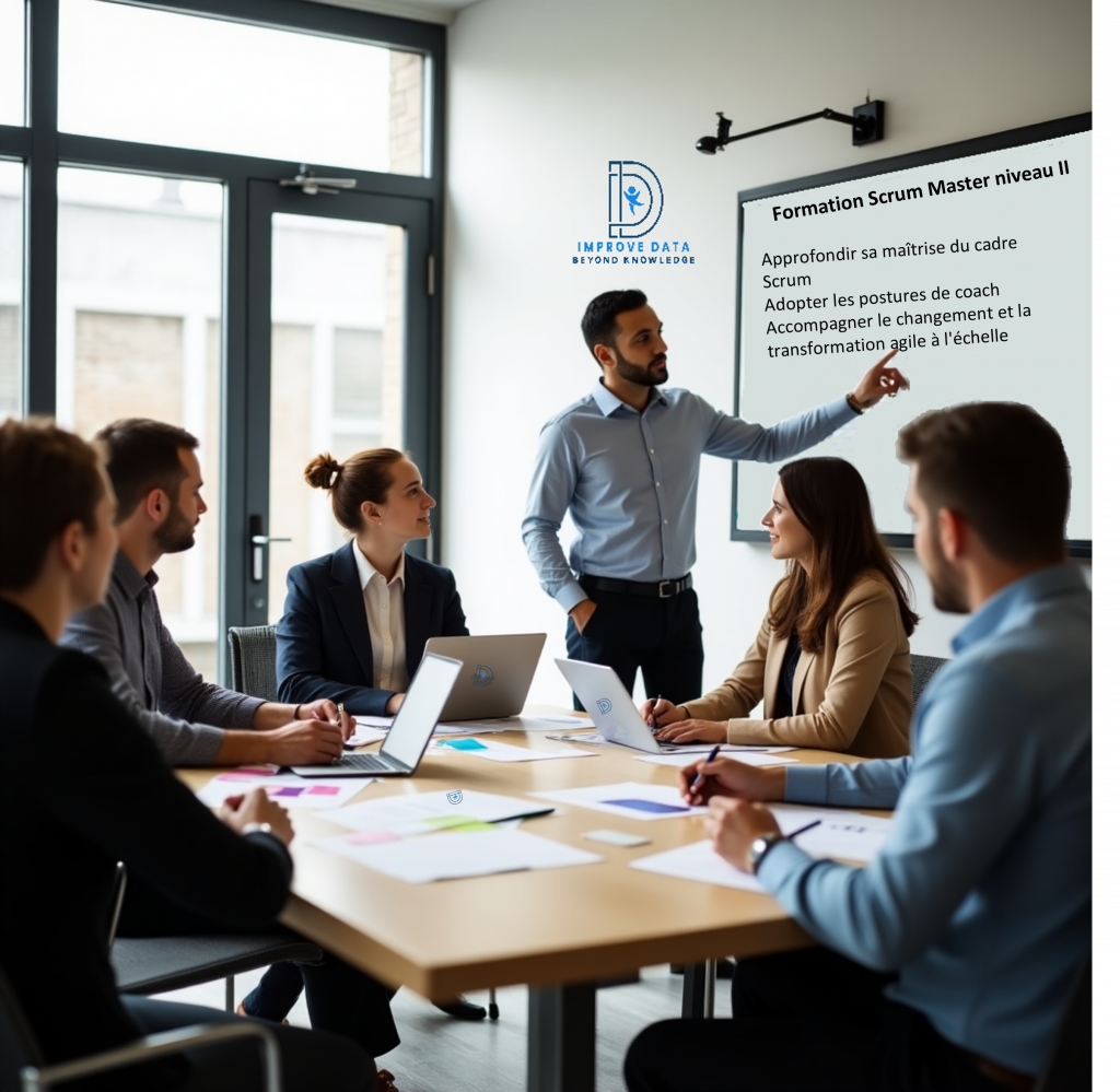 Formateur Improve DATA animant une formation Scrum Master niveau 2, avec mise en pratique avancée de Scrum et préparation à la certification PSM II