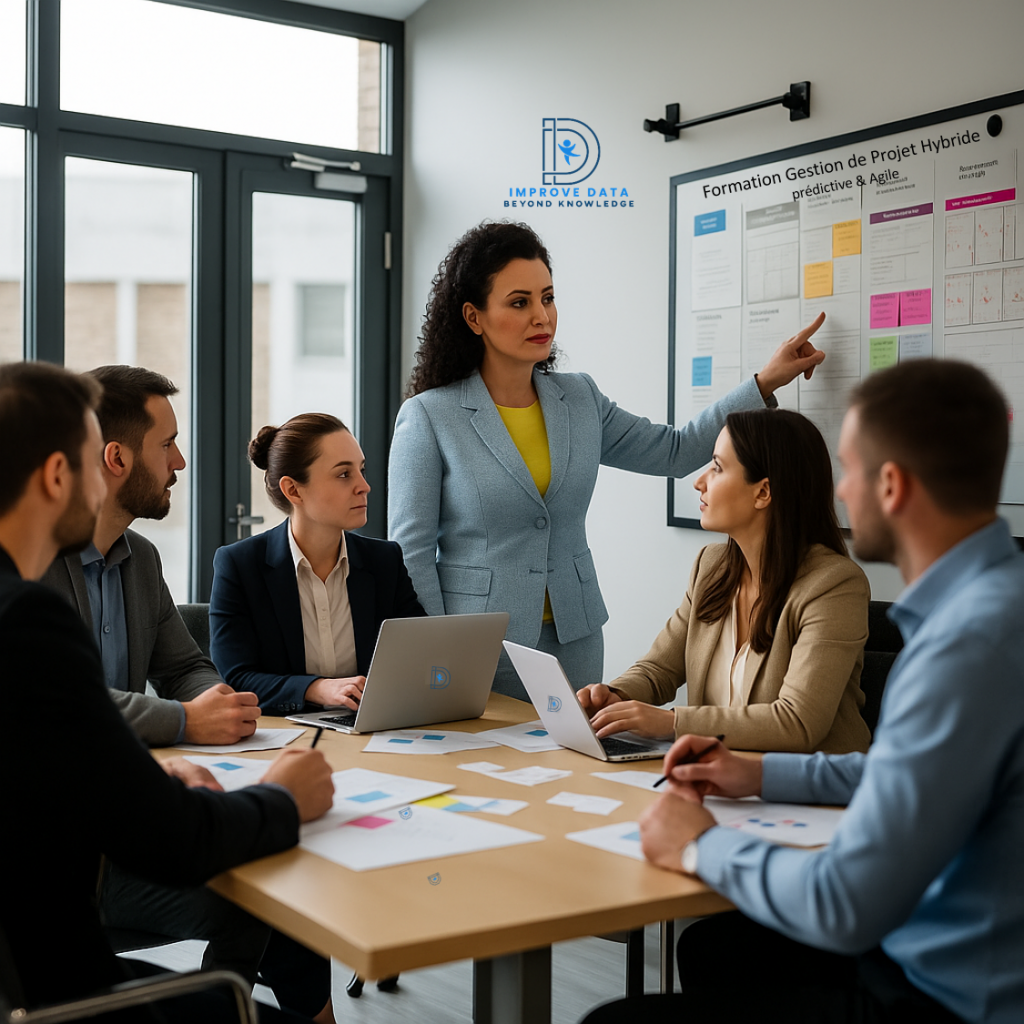 Formateur Improve DATA animant une formation gestion de projet hybride avec des stagiaires, combinant méthodes prédictives et agiles