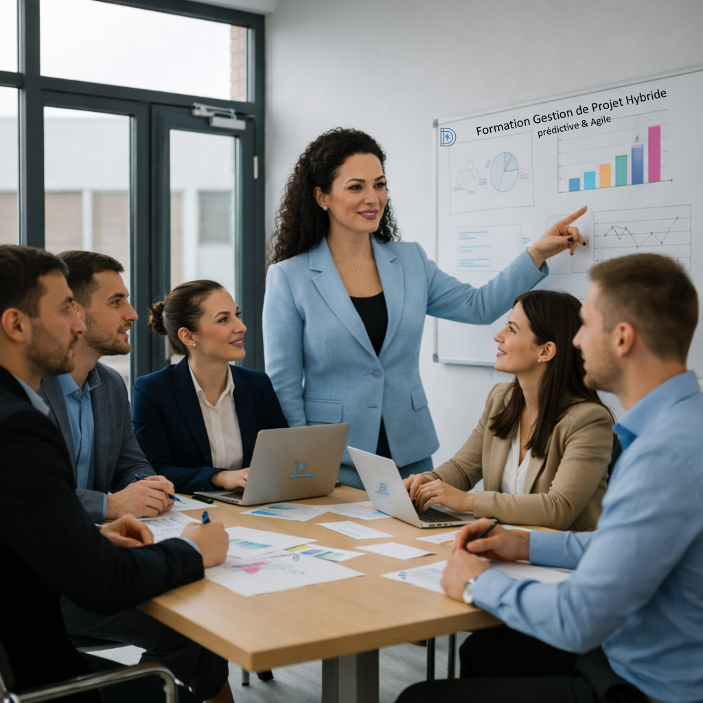 Antoinette FRANCIS animant une formation gestion de projet hybride avec des stagiaires, combinant méthodes prédictives et agiles