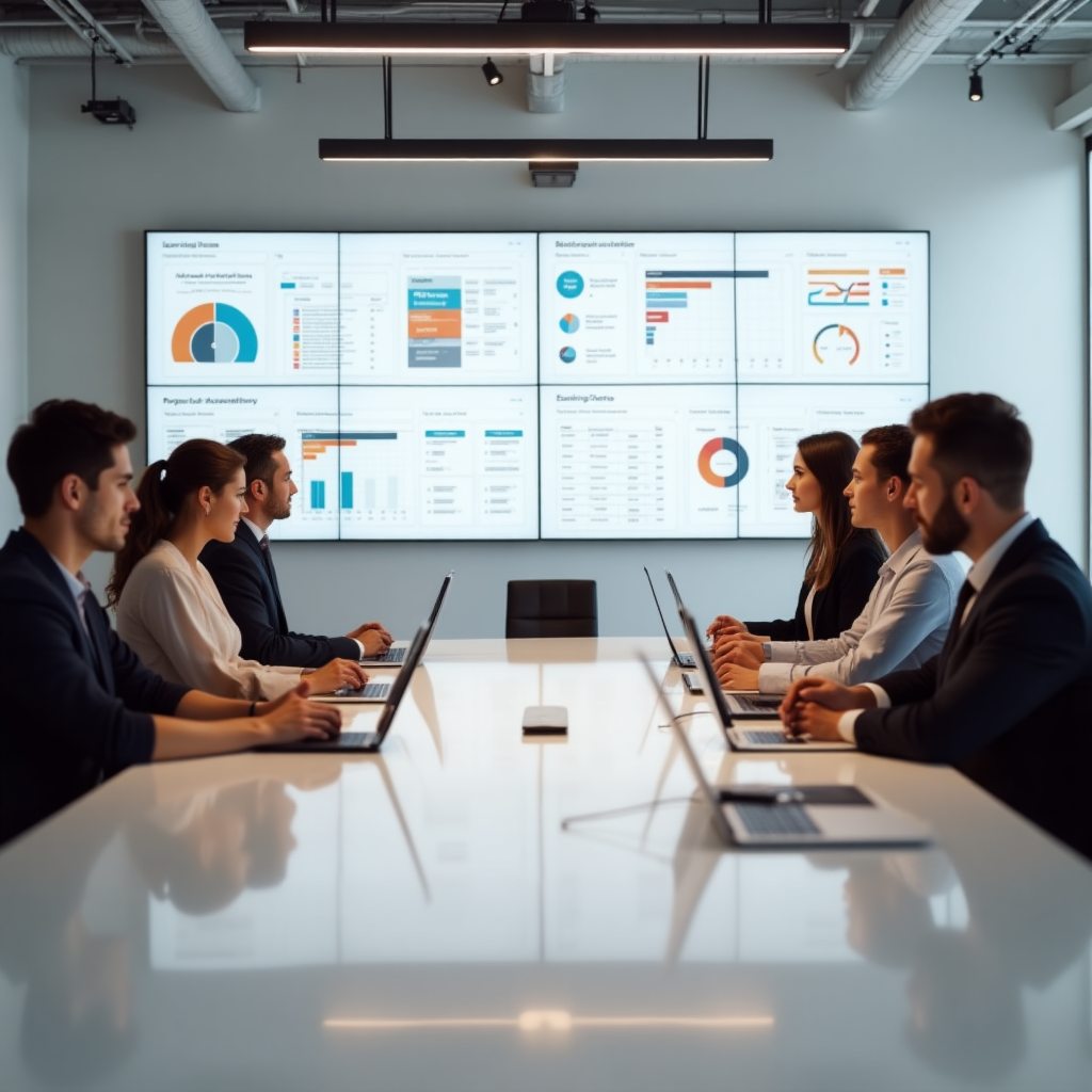 Réunion d’équipe dans l'agence web de Improve DATA avec huit collaborateurs travaillant sur ordinateurs portables, présentation de tableaux de bord et graphiques projetés sur grand écran mural.