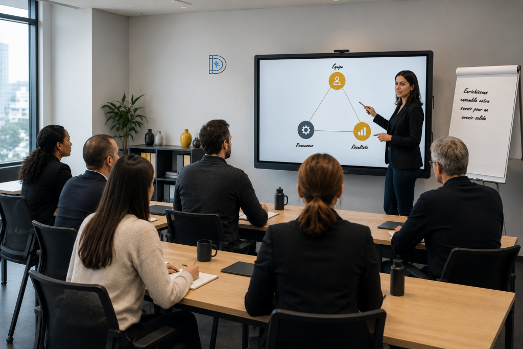 Formatrice d'Improve DATA animant une session de formation en agilité devant un groupe de stagiaires