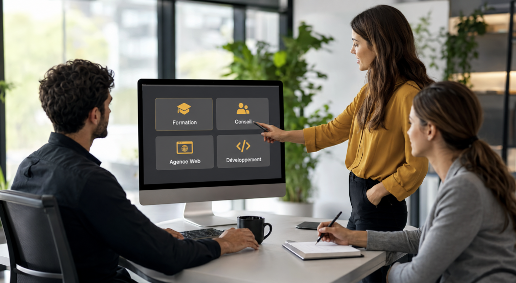 Trois collaborateurs d'Improve DATA échangent devant un écran présentant les quatre pôles d'activité de l'entreprise : Formation, Conseil, Agence Web et Développement